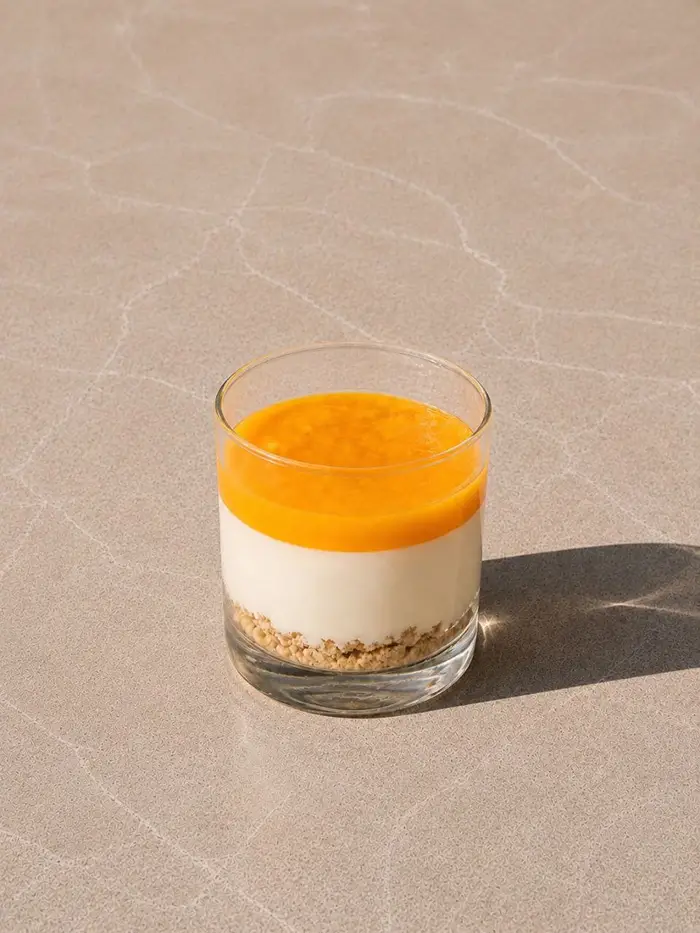 Desert cremos cu sos de mango și maracuja