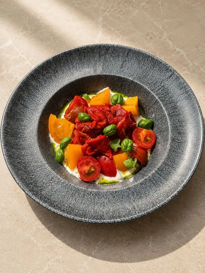 Salată de ardei copți cu mousse de brânză